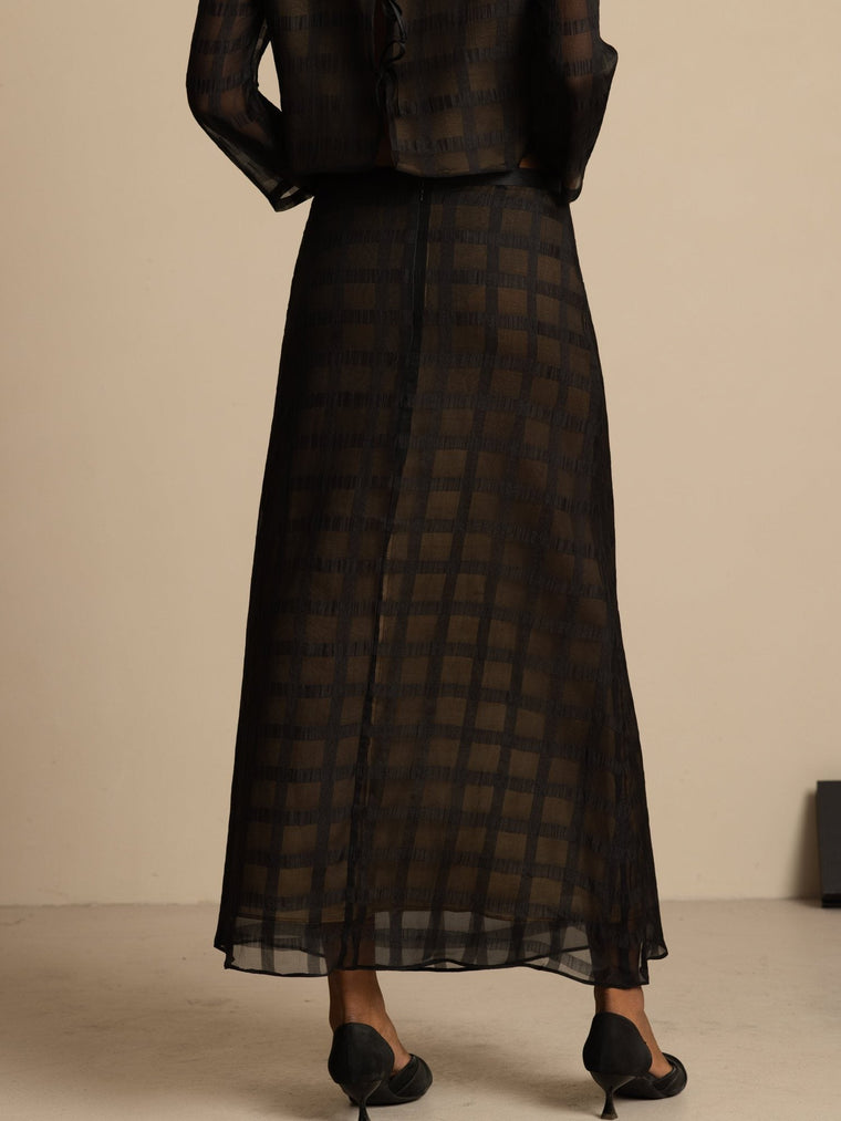 Pure Silk High-Waist A-Line Textured Grid Long Skirt With Back Zipper