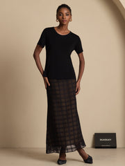 Pure Silk High-Waist A-Line Textured Grid Long Skirt With Back Zipper