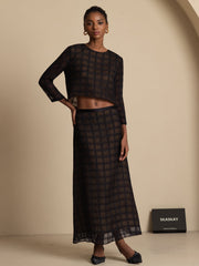 Pure Silk High-Waist A-Line Textured Grid Long Skirt With Back Zipper