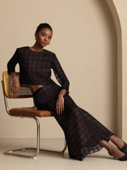 Pure Silk High-Waist A-Line Textured Grid Long Skirt With Back Zipper