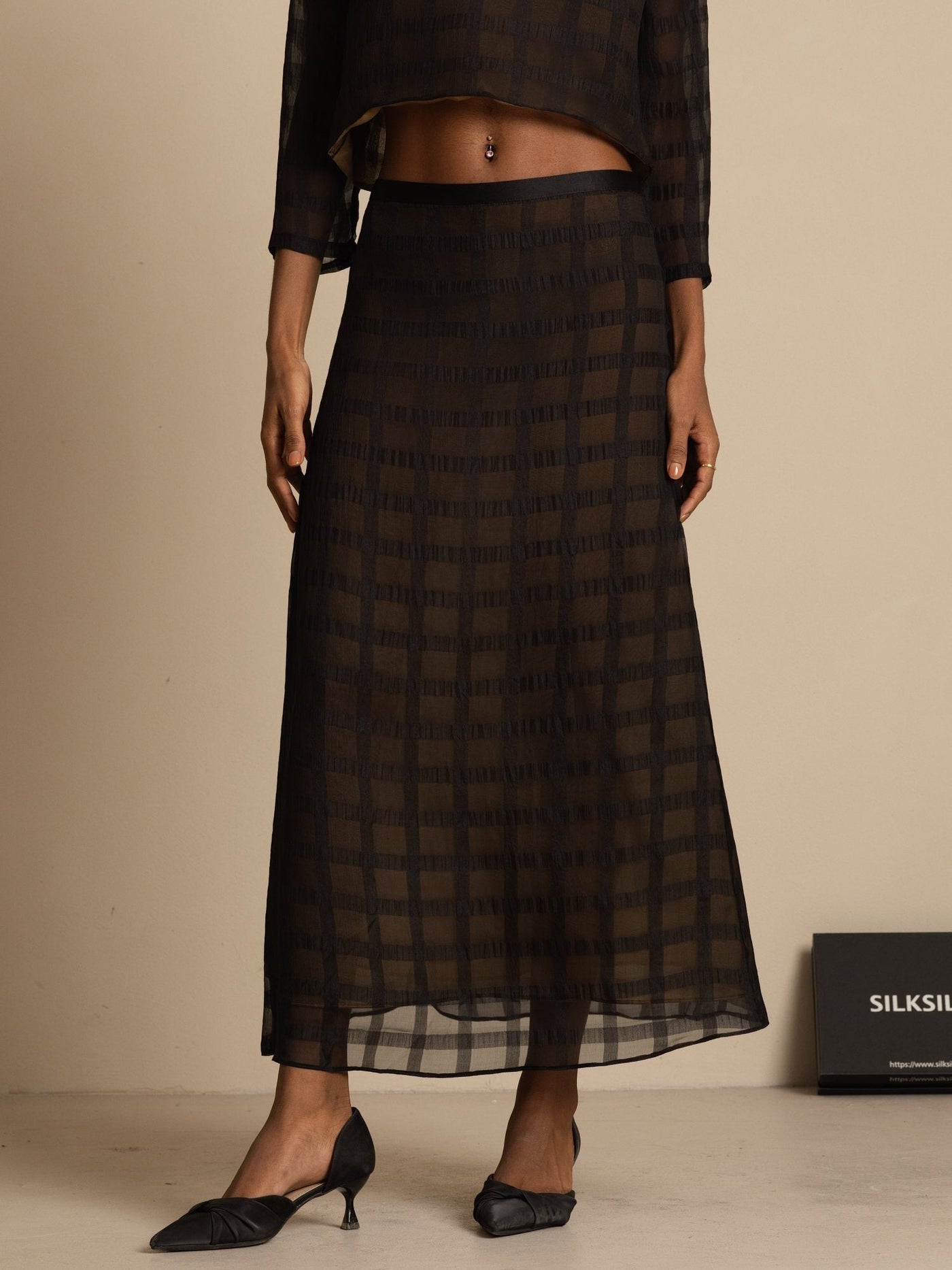 Pure Silk High-Waist A-Line Textured Grid Long Skirt With Back Zipper