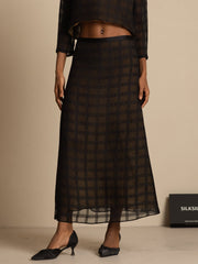 Pure Silk High-Waist A-Line Textured Grid Long Skirt With Back Zipper