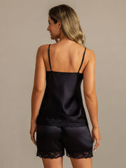 Pure Silk Lace Trim Spaghetti Strap V Neck Sexy Camisole Set