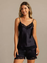 Pure Silk Lace Trim Spaghetti Strap V Neck Sexy Camisole Set