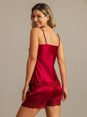 Pure Silk Lace Trim Spaghetti Strap V Neck Sexy Camisole Set