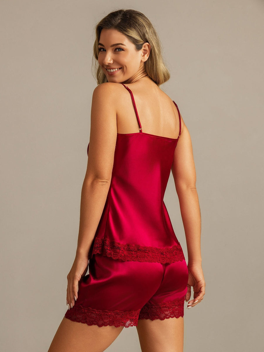 Pure Silk Lace Trim Spaghetti Strap V Neck Sexy Camisole Set