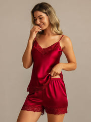 Pure Silk Lace Trim Spaghetti Strap V Neck Sexy Camisole Set