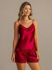 Pure Silk Lace Trim Spaghetti Strap V Neck Sexy Camisole Set
