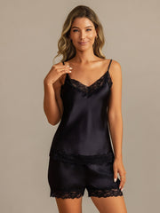 Pure Silk Lace Trim Spaghetti Strap V Neck Sexy Camisole Set