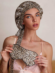 Pure Silk Leopard Pattern Bonnet+Eye Mask Set