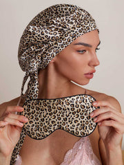 Pure Silk Leopard Pattern Bonnet+Eye Mask Set