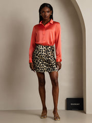 Pure Silk Leopard Print A Line Wrap Mini Skirt with Tie Waist Design