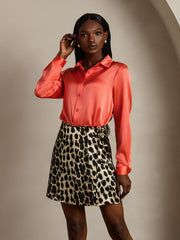 Pure Silk Leopard Print A Line Wrap Mini Skirt with Tie Waist Design
