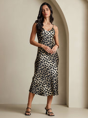 Pure Silk Leopard Print Spaghetti Strap V Neck Midi Dress