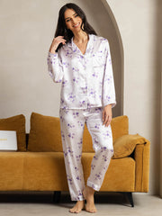 Pure Silk Lilac Bloom Print Long Sleeve Notch Collar Women's Pajamas Set