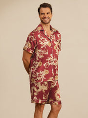 Pure Silk Men's Dragon Print  Short Sleeve Notch Collar Pajamas Set