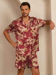 Pure Silk Men's Dragon Print  Short Sleeve Notch Collar Pajamas Set