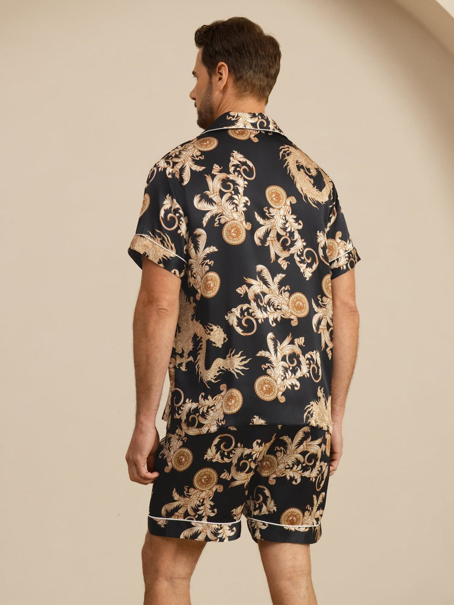 Pure Silk Men's Dragon Print  Short Sleeve Notch Collar Pajamas Set