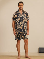 Pure Silk Men's Dragon Print  Short Sleeve Notch Collar Pajamas Set