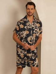 Pure Silk Men's Dragon Print  Short Sleeve Notch Collar Pajamas Set