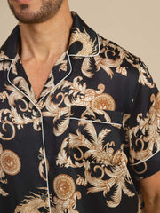Pure Silk Men's Dragon Print  Short Sleeve Notch Collar Pajamas Set