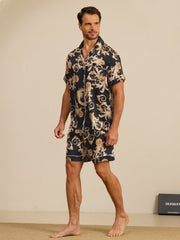 Pure Silk Men's Dragon Print  Short Sleeve Notch Collar Pajamas Set