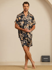 Pure Silk Men's Dragon Print  Short Sleeve Notch Collar Pajamas Set