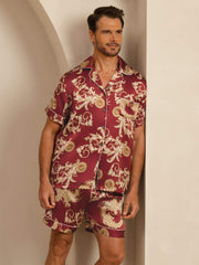 Pure Silk Men's Dragon Print  Short Sleeve Notch Collar Pajamas Set