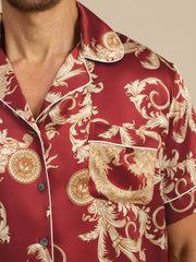Pure Silk Men's Dragon Print  Short Sleeve Notch Collar Pajamas Set