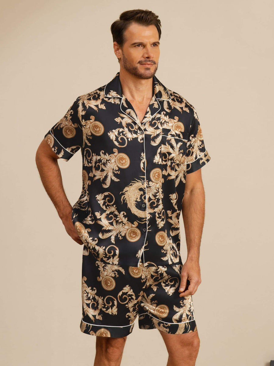 Pure Silk Men's Dragon Print  Short Sleeve Notch Collar Pajamas Set