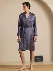 Pure Silk Men’s Knee Length Ginkgo Printed Robe With Belted Design