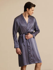 Pure Silk Men’s Knee Length Ginkgo Printed Robe With Belted Design