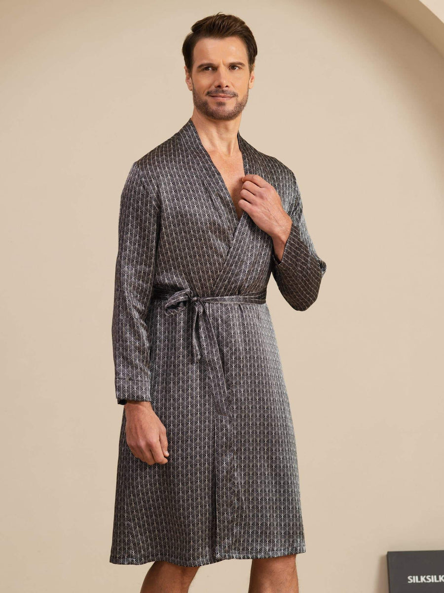 Pure Silk Men’s Knee Length Ginkgo Printed Robe With Belted Design