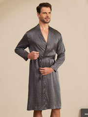 Pure Silk Men’s Knee Length Ginkgo Printed Robe With Belted Design