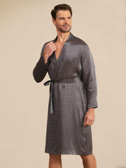 Pure Silk Men’s Knee Length Ginkgo Printed Robe With Belted Design