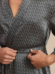 Pure Silk Men’s Knee Length Ginkgo Printed Robe With Belted Design