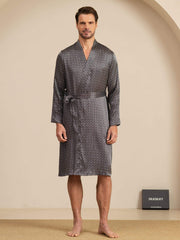 Pure Silk Men’s Knee Length Ginkgo Printed Robe With Belted Design