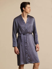 Pure Silk Men’s Knee Length Ginkgo Printed Robe With Belted Design