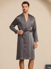 Pure Silk Men’s Knee Length Ginkgo Printed Robe With Belted Design