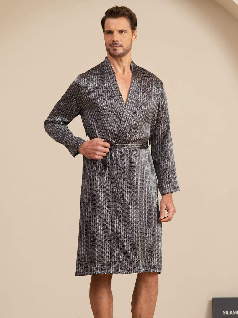 Pure Silk Men’s Knee Length Ginkgo Printed Robe With Belted Design