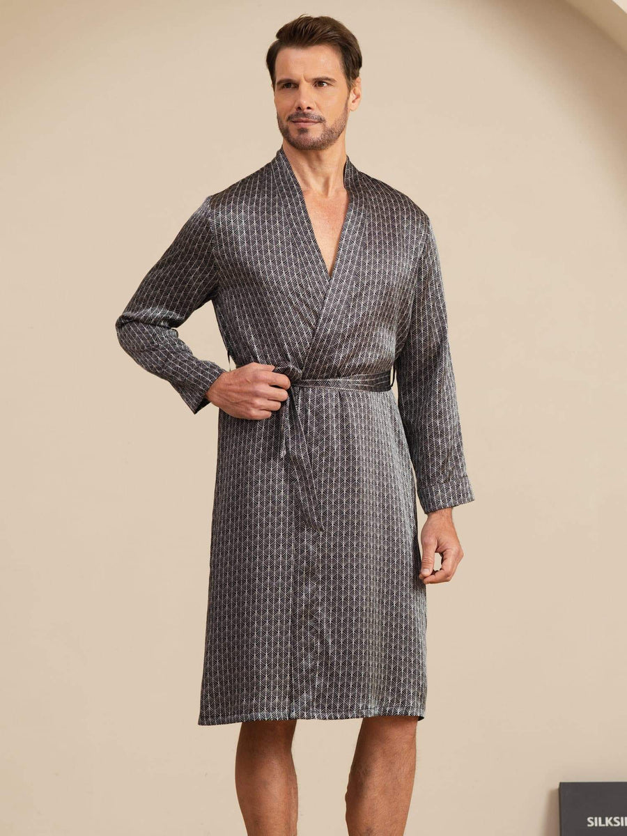 Pure Silk Men’s Knee Length Ginkgo Printed Robe With Belted Design