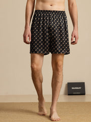Pure Silk Navy Chain Print Elastic Waist Men's Sleep Shorts