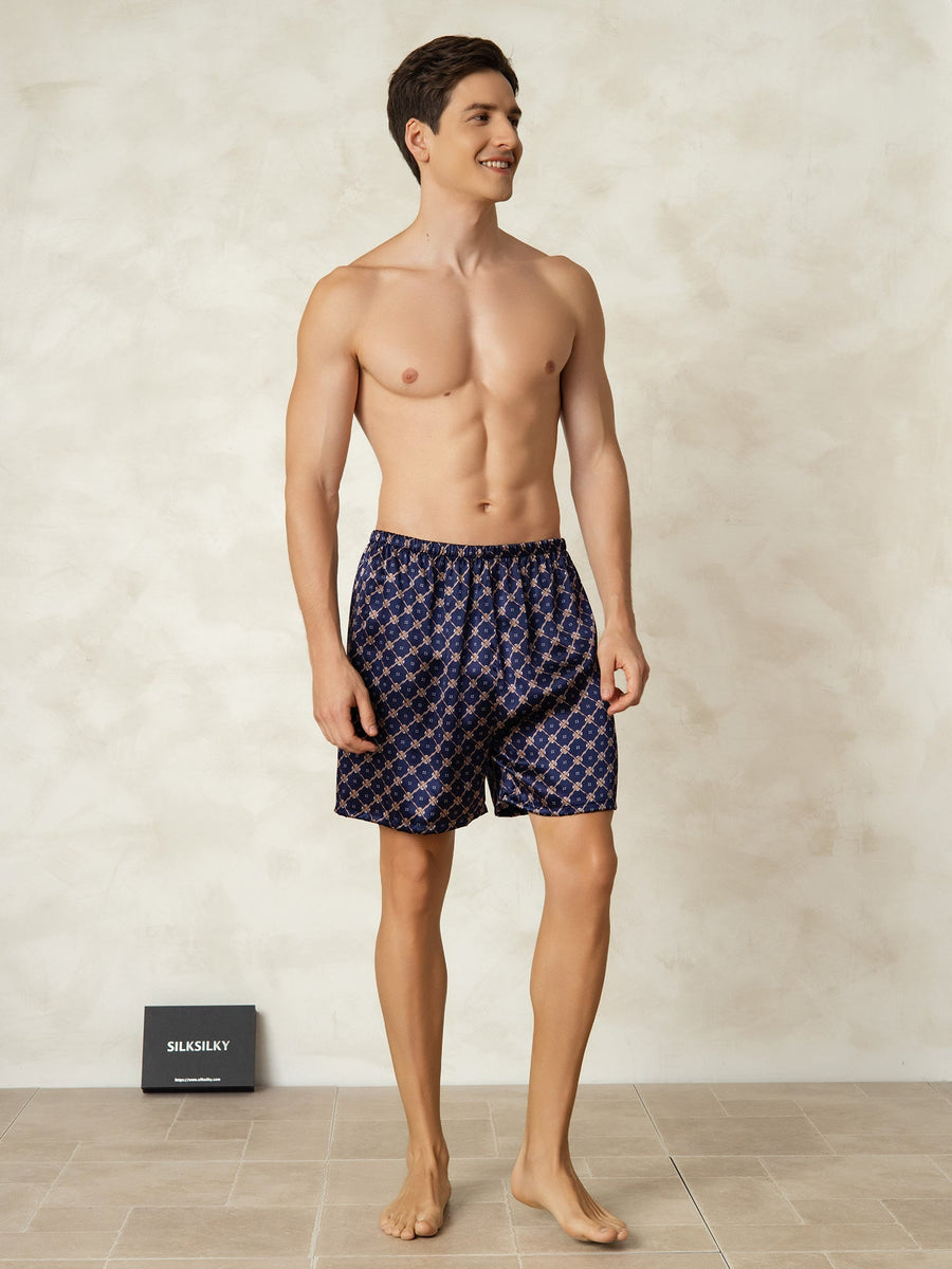 Pure Silk Navy Chain Print Elastic Waist Men's Sleep Shorts