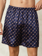 Pure Silk Navy Chain Print Elastic Waist Men's Sleep Shorts