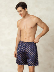 Pure Silk Navy Chain Print Elastic Waist Men's Sleep Shorts