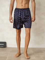 Pure Silk Navy Chain Print Elastic Waist Men's Sleep Shorts