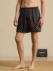 Pure Silk Navy Chain Print Elastic Waist Men's Sleep Shorts