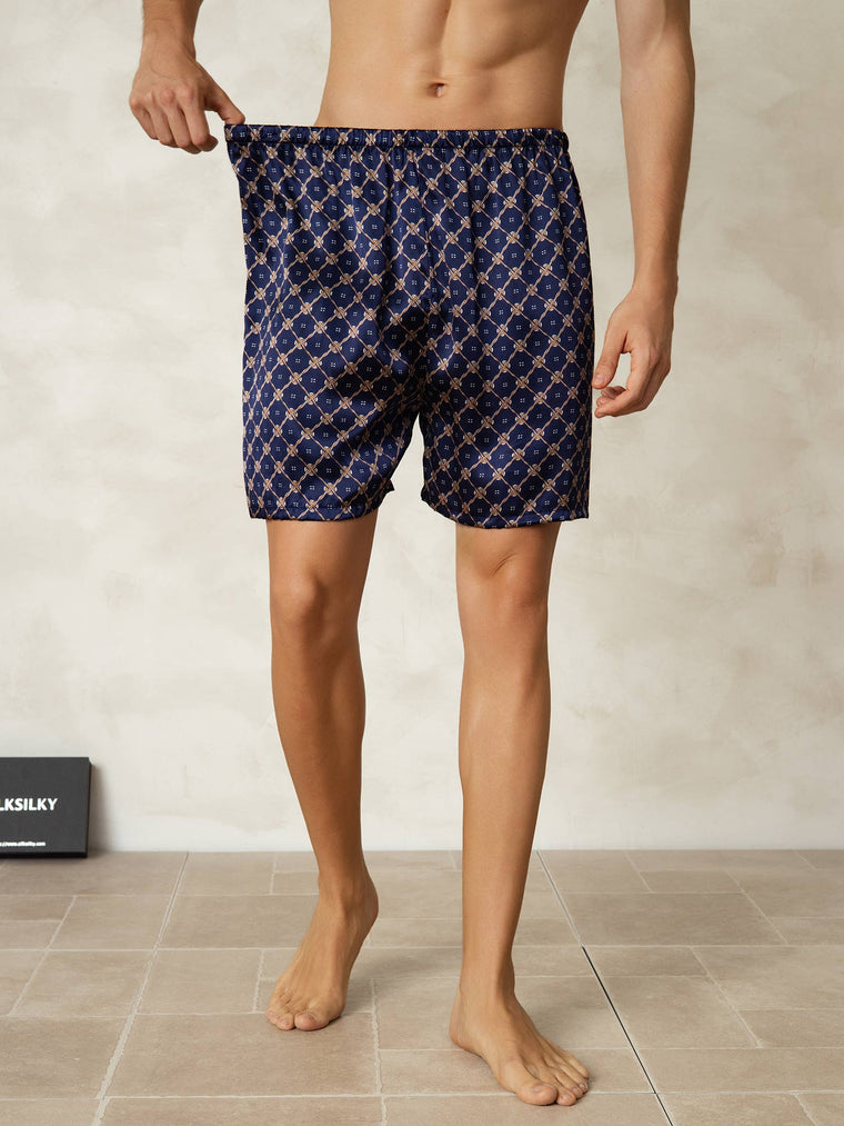 Pure Silk Navy Chain Print Elastic Waist Men's Sleep Shorts
