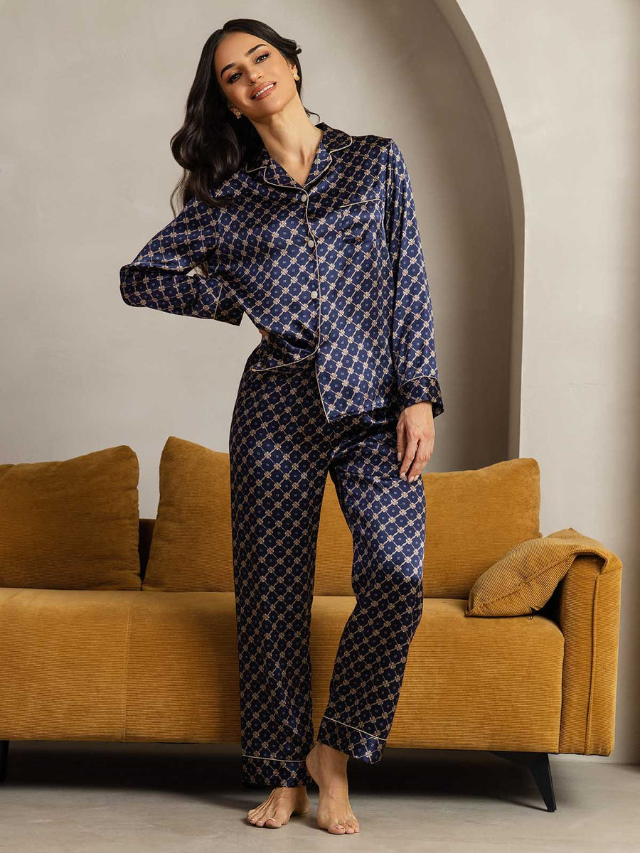 Pure Silk Navy Chain Print Long Sleeve Notch Collar Women's Pajamas Set