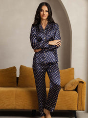 Pure Silk Navy Chain Print Long Sleeve Notch Collar Women's Pajamas Set